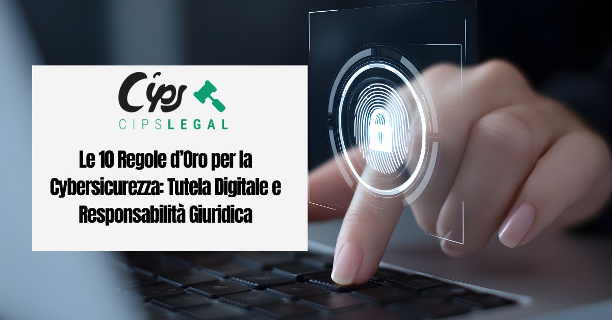 Immagine di una mano che digita i tasti di un computer e un titolo con scritto "Le 10 Regole d’Oro per la Cybersicurezza: Tutela Digitale e Responsabilità Giuridica"