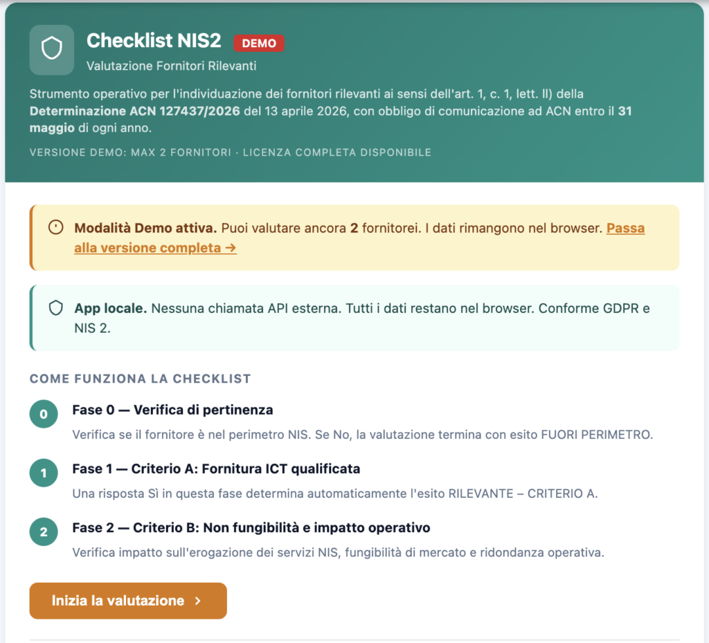 Schermata della demo dell’app “Checklist NIS2” per la valutazione dei fornitori rilevanti, con informazioni sulla modalità demo, garanzia di elaborazione locale dei dati e spiegazione sintetica delle tre fasi della checklist.