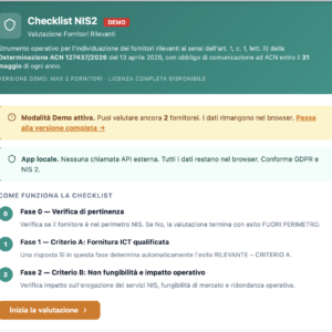 Schermata della demo dell’app “Checklist NIS2” per la valutazione dei fornitori rilevanti, con informazioni sulla modalità demo, garanzia di elaborazione locale dei dati e spiegazione sintetica delle tre fasi della checklist.